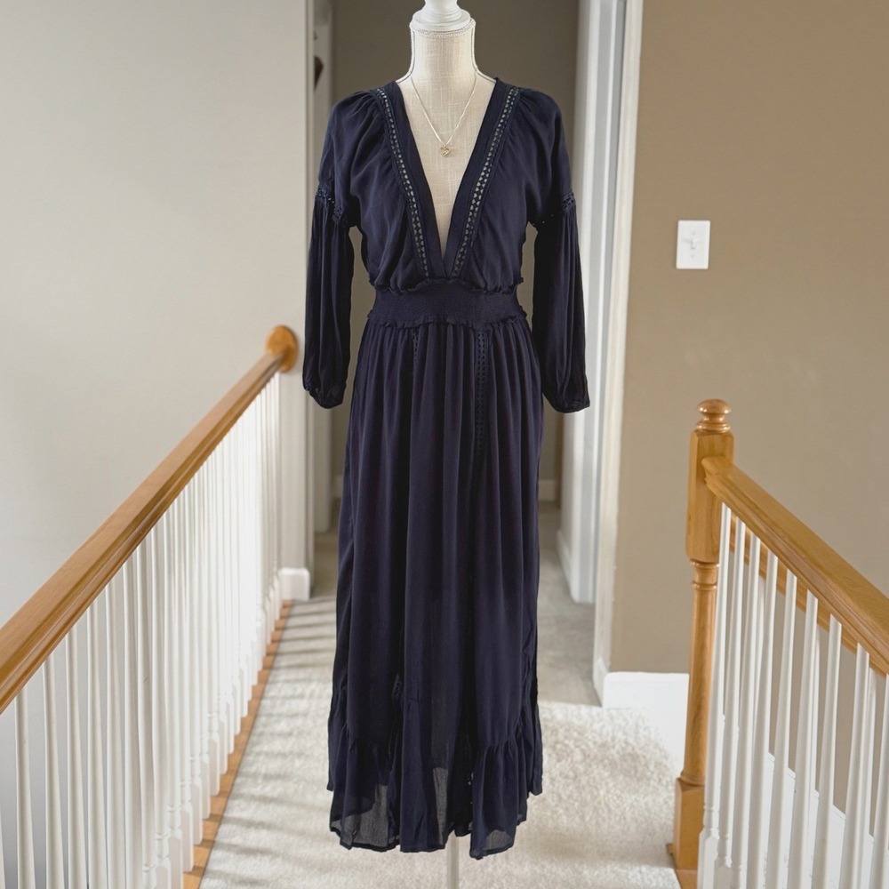Listicle Navy Blue Boho Lattice Trim V-Neck Smocked Maxi Dress Small NWT